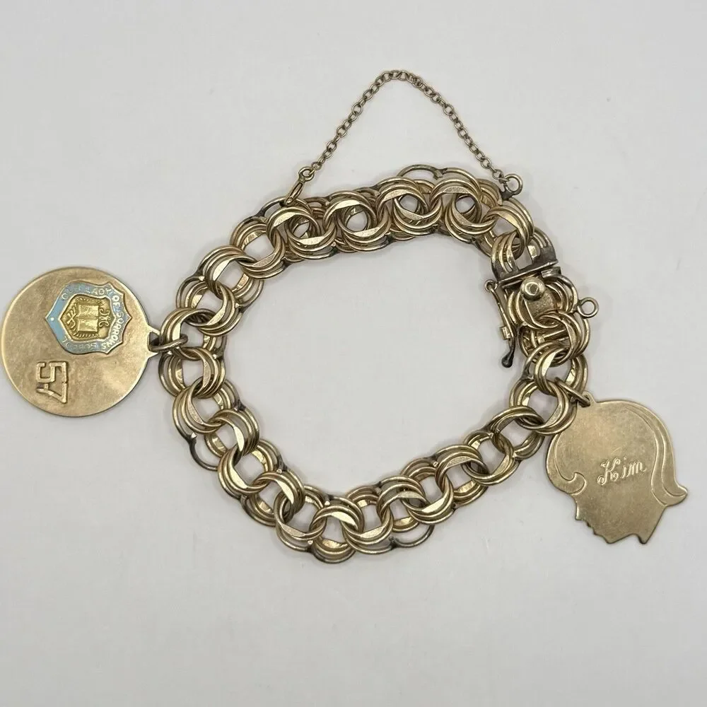 Vintage Estate 12k Gold Filled Double Link Charm Bracelet School 1950s 1960s 22g